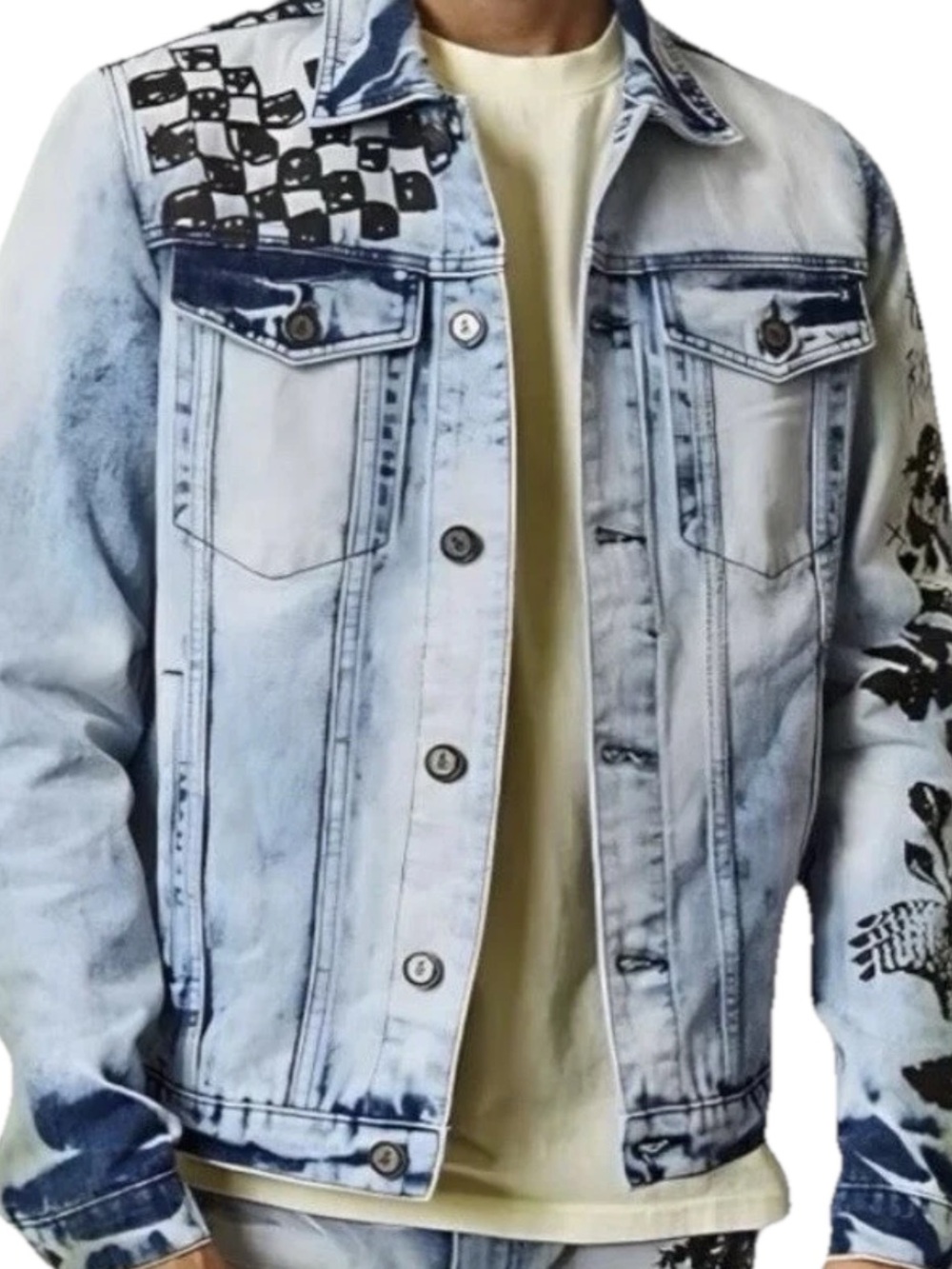 Reason Light Blue Washed Denim Jacket with Black Graphic Accents